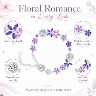 Lab - Grown Amethyst & Rose Pink Floral Motif Bracelet - Reymey