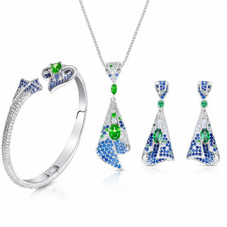 Lab - Grown Emerald & Sapphire Pavé Jewelry Set - Earrings, Bangle & Necklace - Reymey