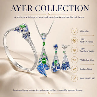 Lab - Grown Emerald & Sapphire Pavé Jewelry Set - Earrings, Bangle & Necklace - Reymey