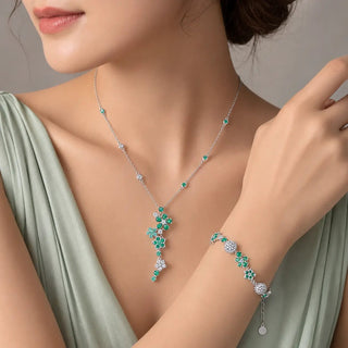 Lab - Grown Emerald Floral Jewelry Set — Bracelet & Necklace - Reymey