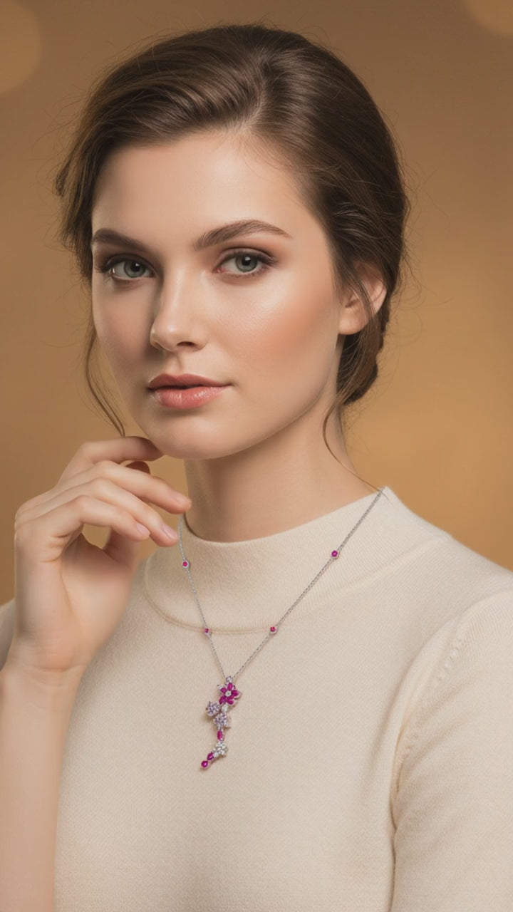 woman wearing a reymey ruby floral necklace