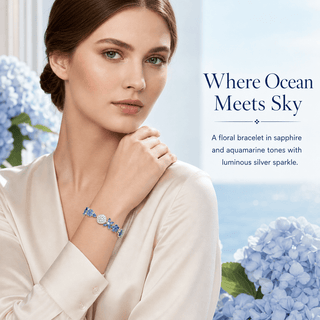 Lab - Grown Sapphire & Aquamarine Floral Motif Bracelet - Reymey